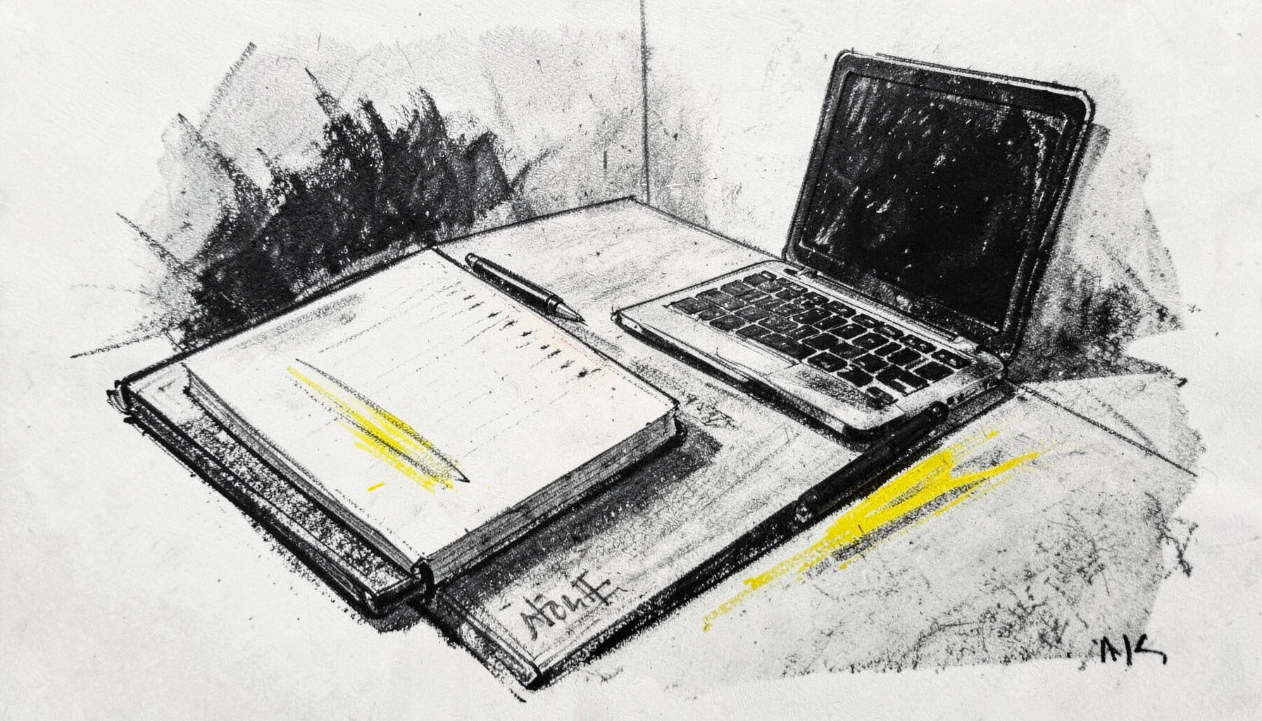 A bold charcoal drawing of a desk with a notebook, pen, and a laptop, dark textured strokes on a light paper background, calm and focused mood