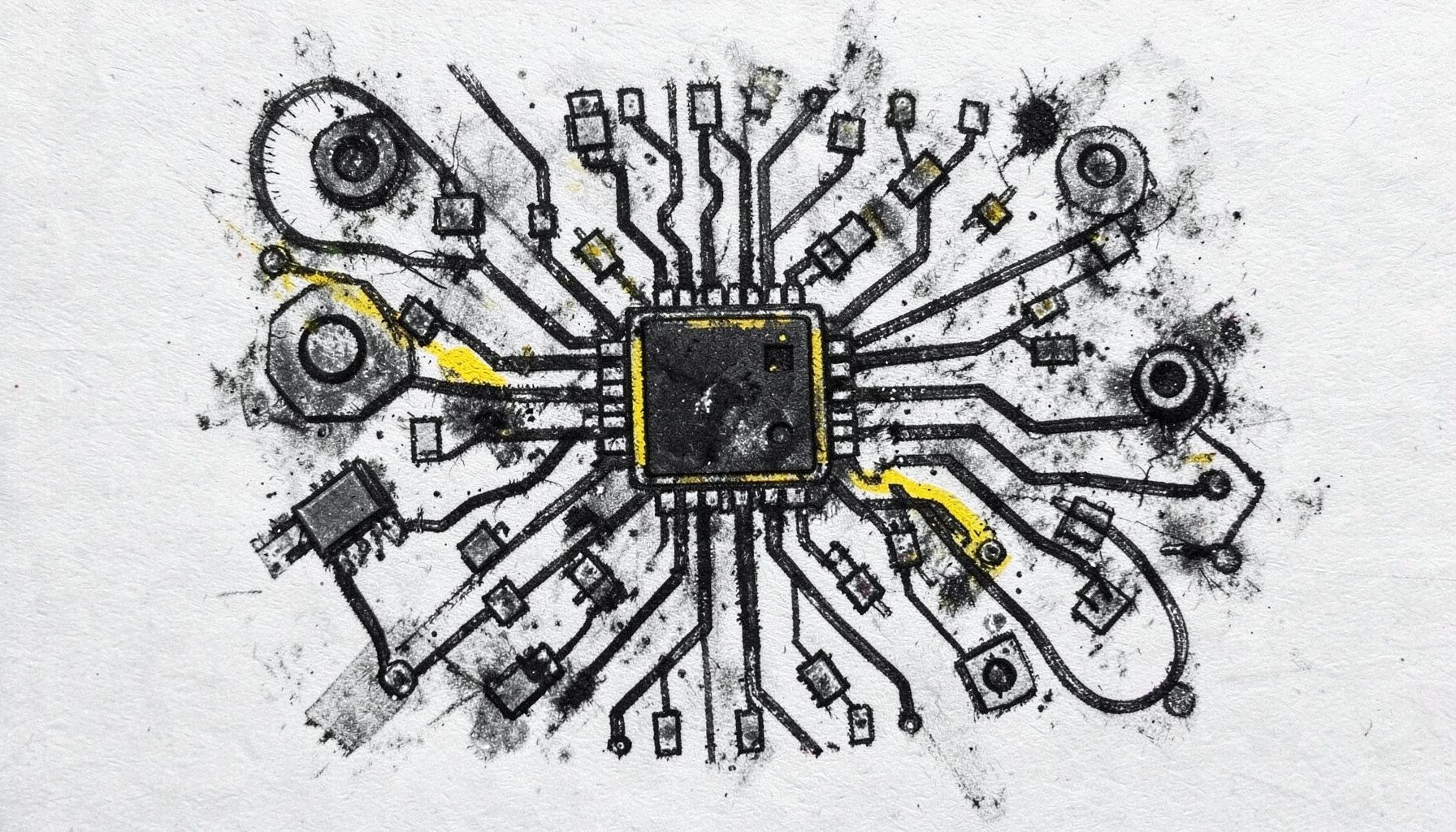 A bold charcoal drawing of a circuit board with a microcontroller at its center, surrounded by scattered electronic components and hand-drawn wiring traces, dark grays and blacks on textured paper.