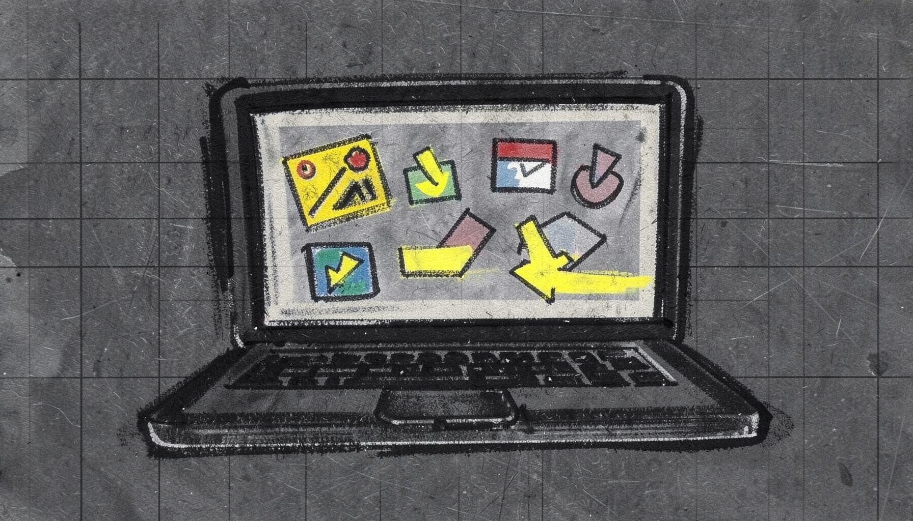 A bold charcoal drawing of a laptop screen displaying colorful software icons and download arrows, set against a dark textured background with subtle grid lines, conveying a mood of discovery and digital tools.