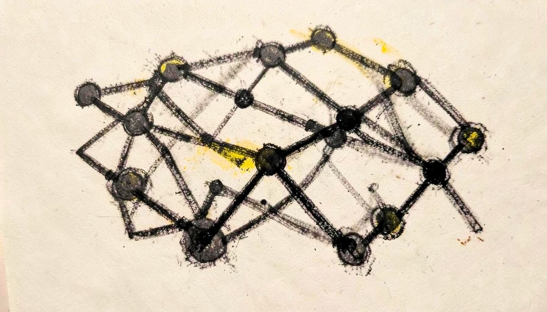 A bold charcoal drawing of interconnected nodes and lines forming a loose web, with soft smudged shading and a warm, collaborative mood against a light paper-toned background.