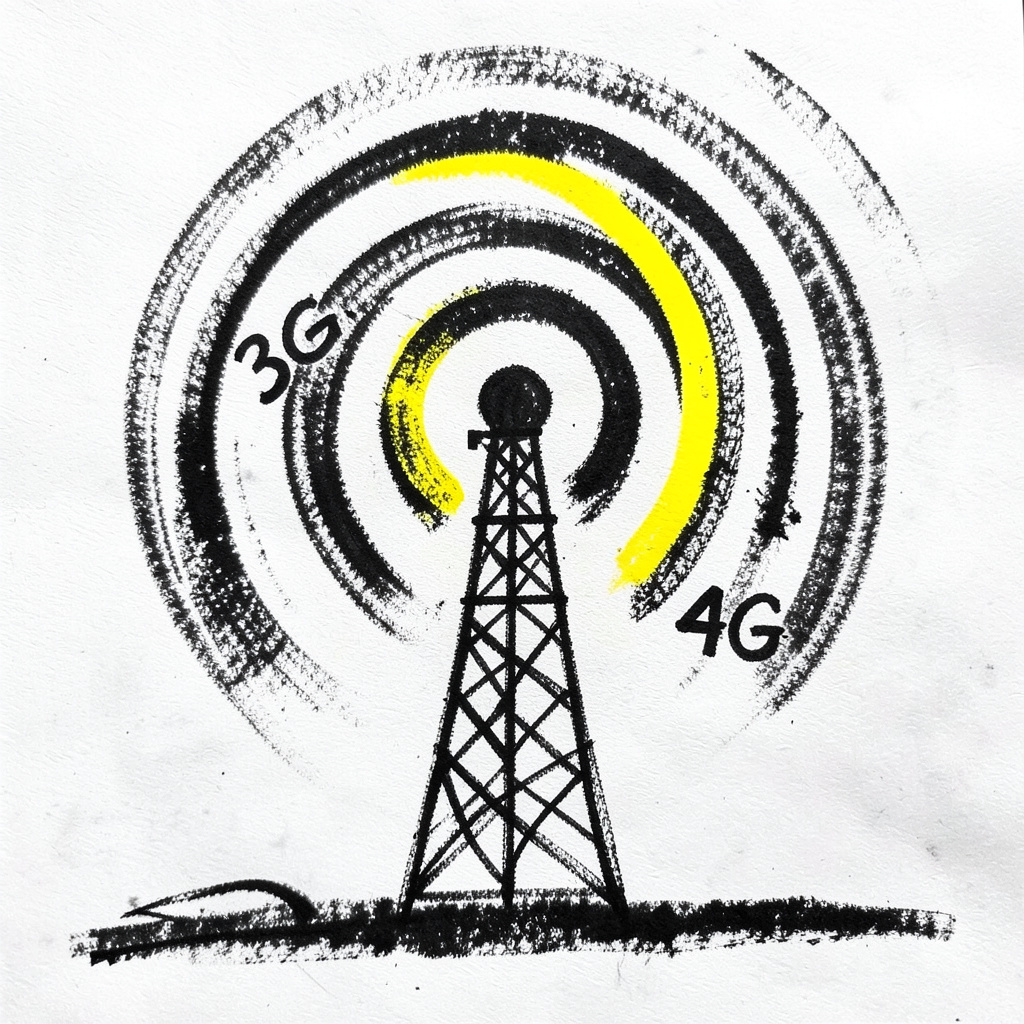 A bold charcoal drawing of radio waves radiating from a cell tower, with 3G and 4G labels.