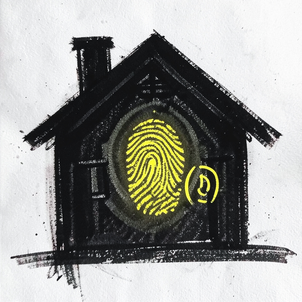 A bold charcoal drawing of a house silhouette with glowing fingerprint and facial-recognition symbols.