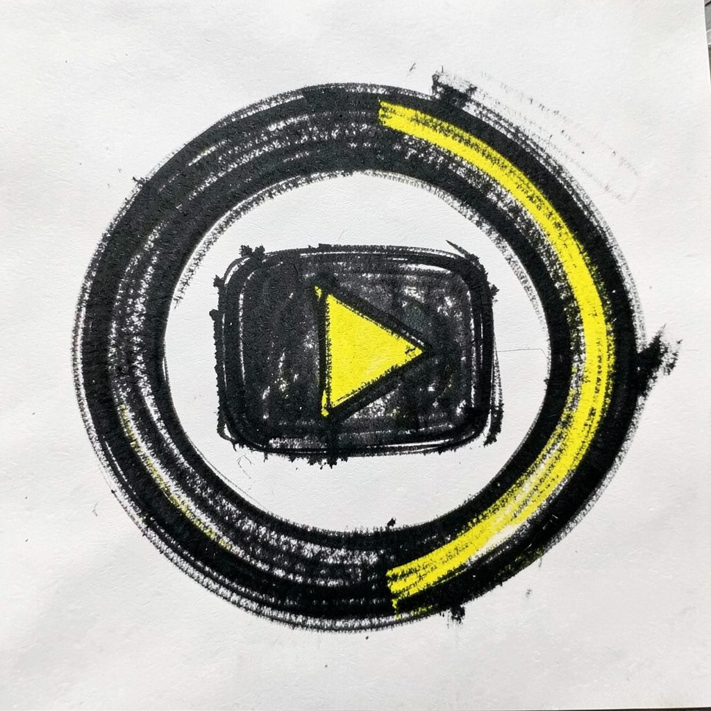 A bold charcoal sketch of a 360-degree symbol wrapped around a YouTube play button.