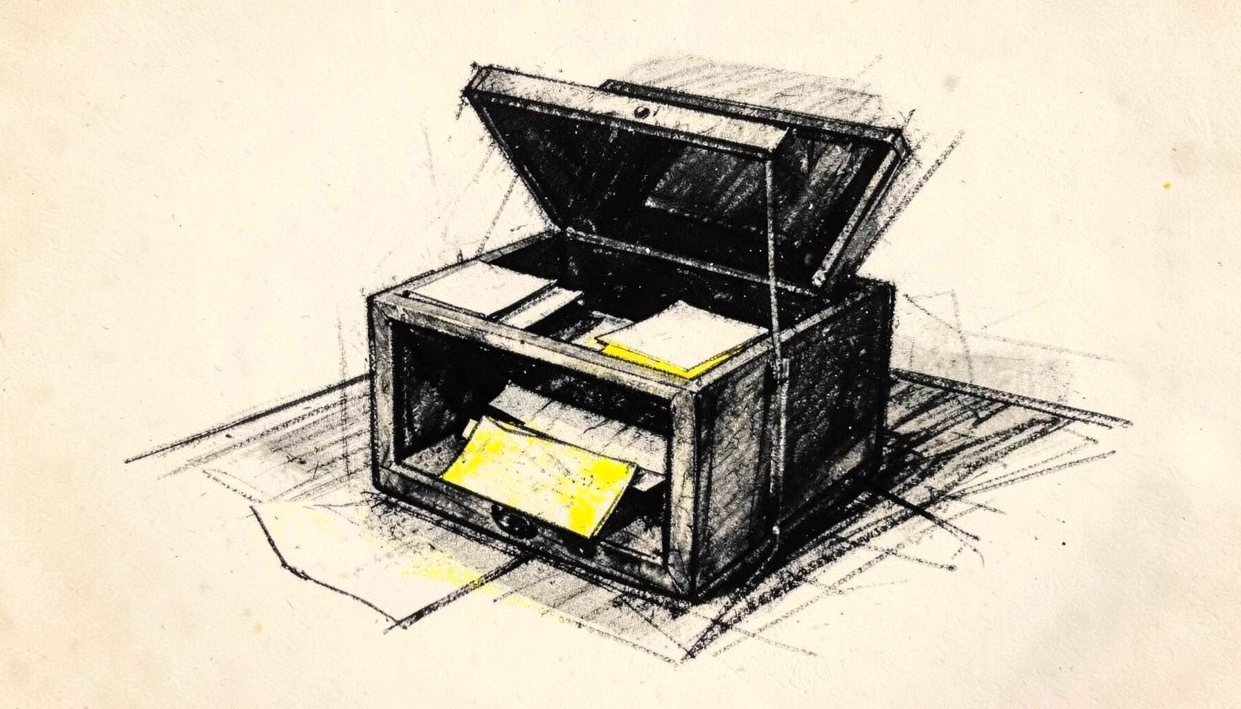 A bold charcoal drawing of an open suggestion box on a desk, with slips of paper spilling out, rendered in deep blacks and soft grays against a warm off-white background.