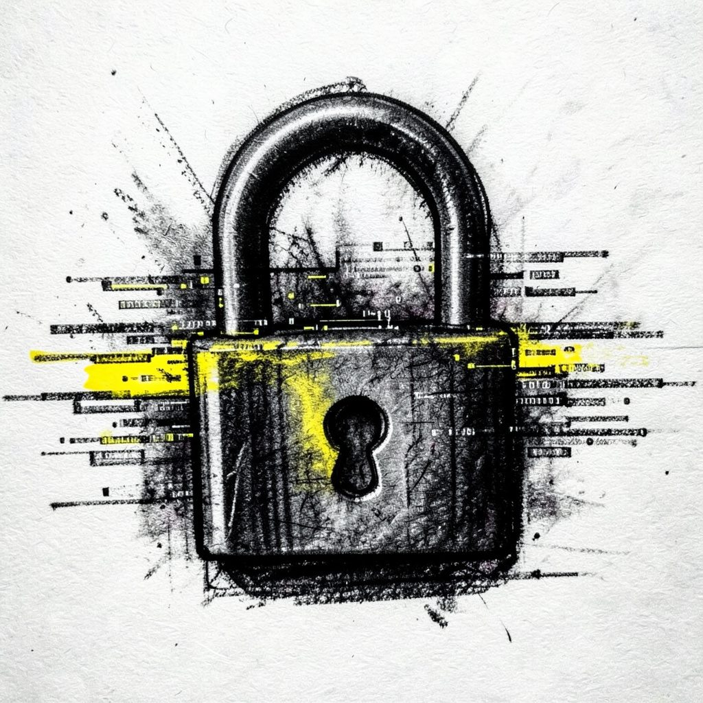 A bold charcoal sketch of a padlock symbol intertwined with digital data streams, dark and moody.