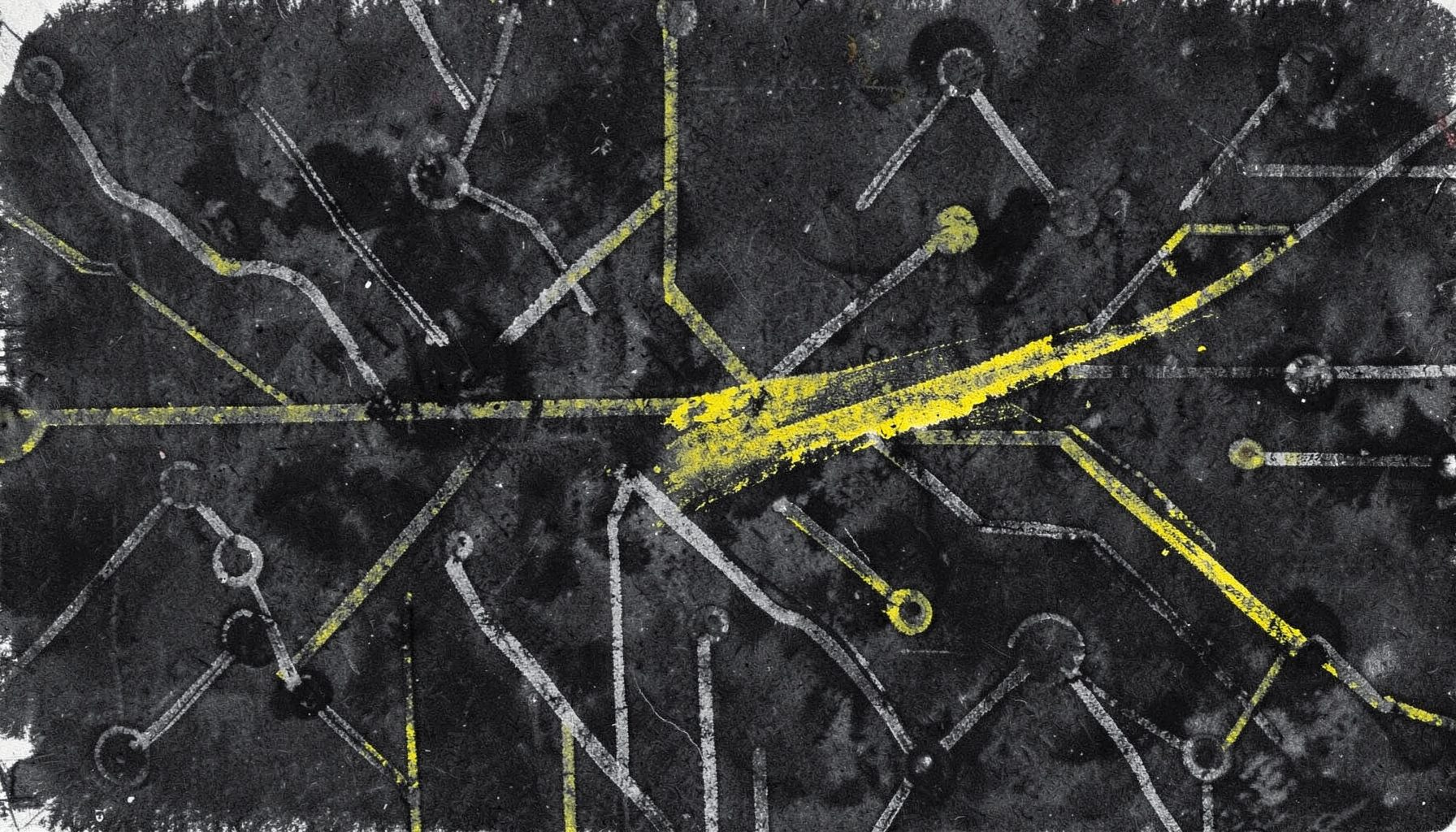 A bold charcoal drawing of glowing circuit traces and network nodes spreading across a dark background, conveying connectivity and digital news.