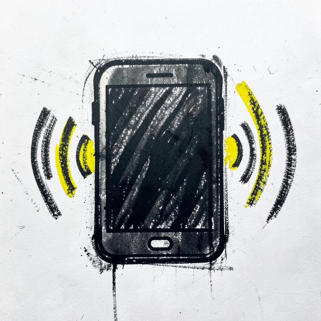 A bold charcoal drawing of a smartphone with sound waves, no SIM card visible.