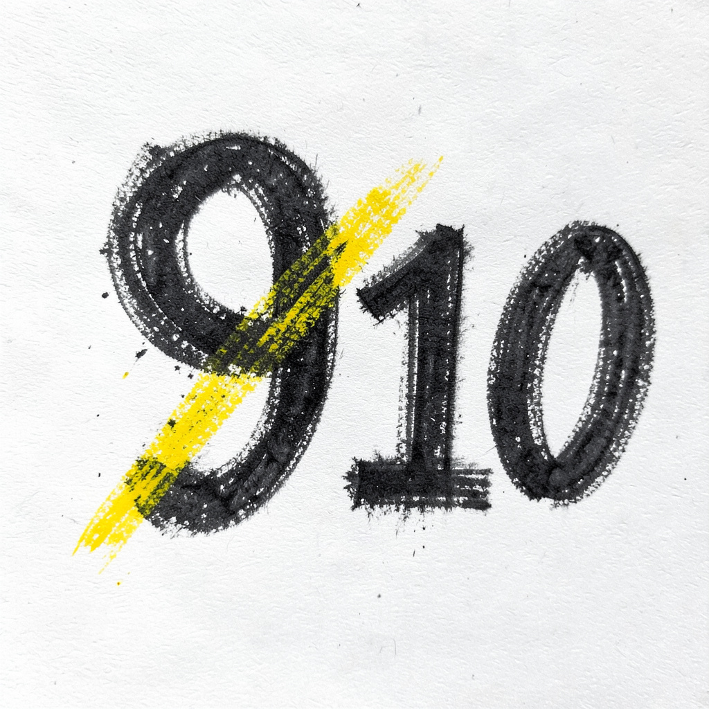 A bold charcoal sketch of the number 9 crossed out with the number 10 beside it.