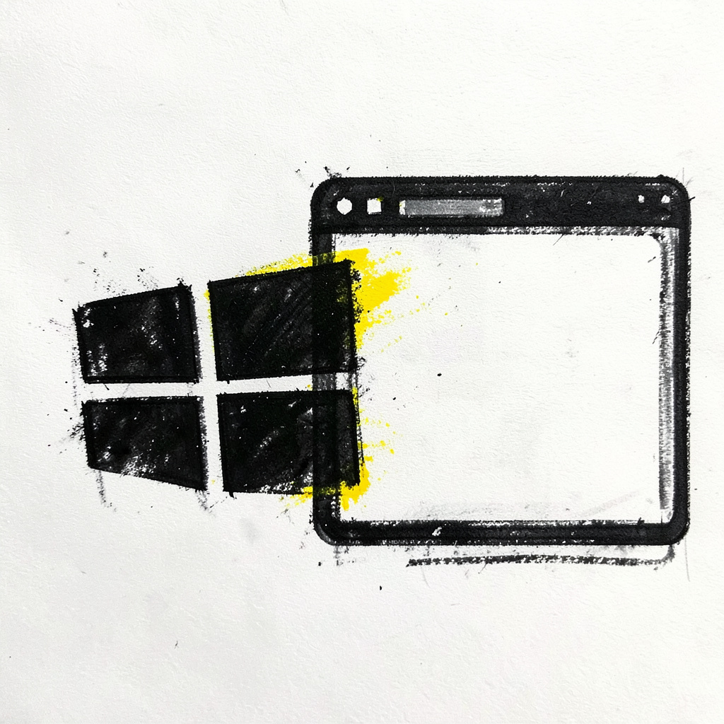 A bold charcoal drawing of the Windows logo beside a sleek browser window silhouette.